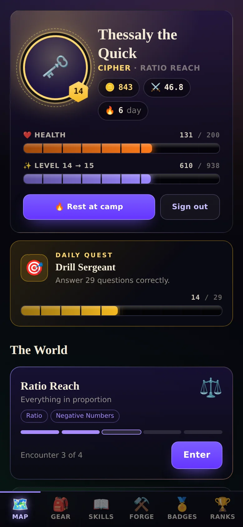 The camp screen: hero, health and experience bars, daily quest