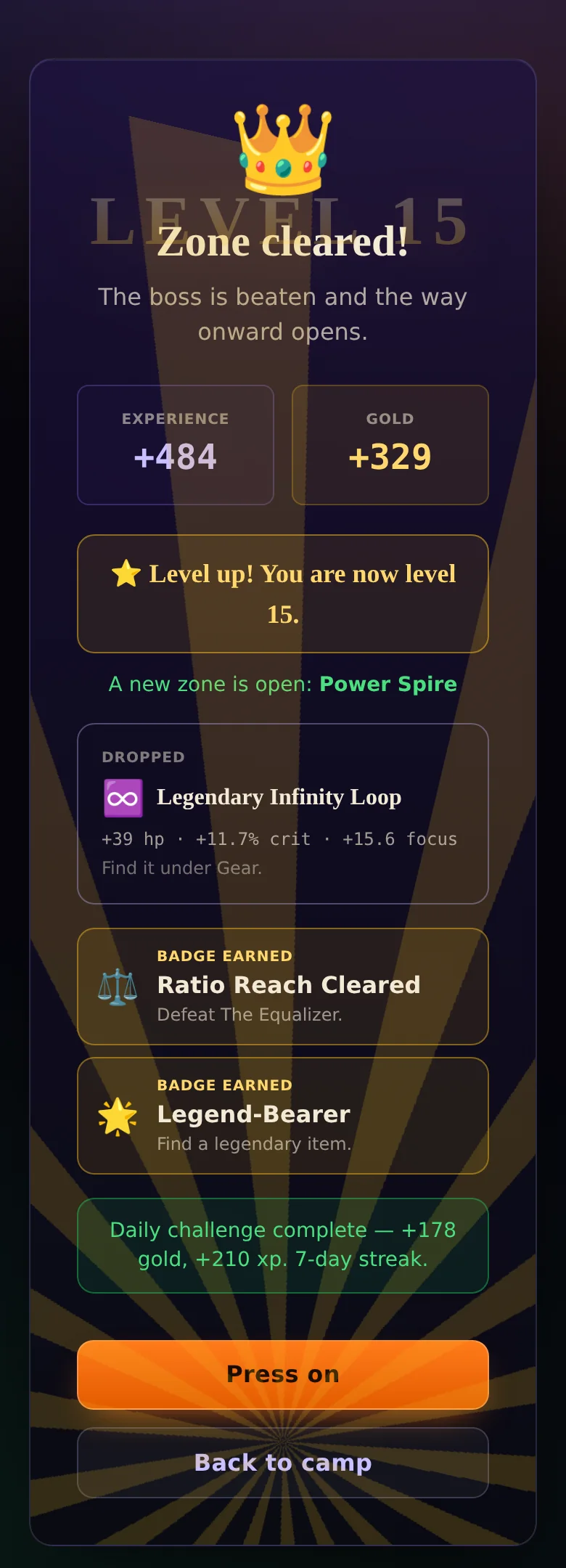 The victory screen: zone cleared, a level-up, a legendary drop and two badges earned